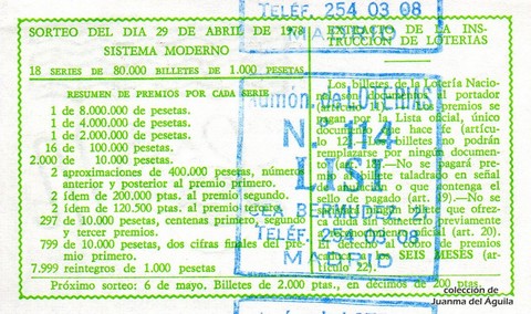 Reverso del décimo de Lotería Nacional de 1978 Sorteo 16