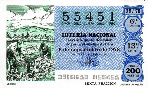 Décimo de Lotería Nacional de 1978 Sorteo 35 - VIÑEDOS
