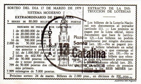Reverso del décimo de Lotería Nacional de 1979 Sorteo 11