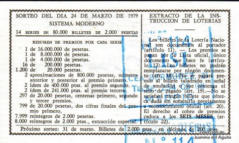 Reverso del décimo de Lotería Nacional de 1979 Sorteo 12
