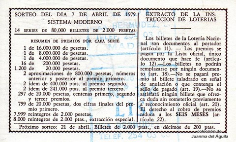 Reverso del décimo de Lotería Nacional de 1979 Sorteo 14