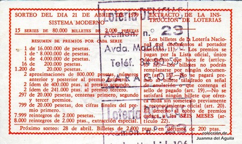 Reverso del décimo de Lotería Nacional de 1979 Sorteo 15
