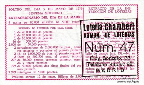 Reverso del décimo de Lotería Nacional de 1979 Sorteo 17
