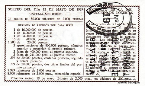 Reverso del décimo de Lotería Nacional de 1979 Sorteo 18