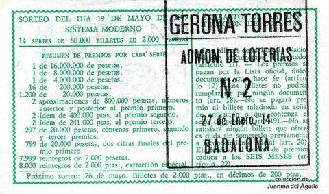 Reverso del décimo de Lotería Nacional de 1979 Sorteo 19