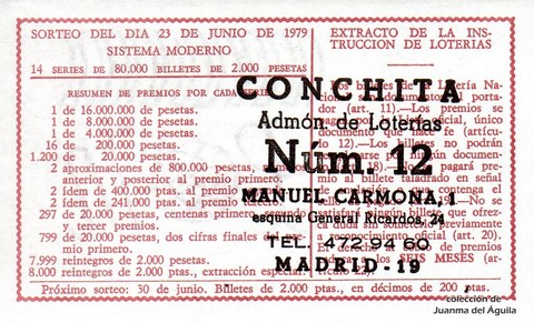 Reverso del décimo de Lotería Nacional de 1979 Sorteo 24