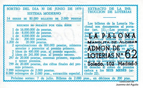 Reverso del décimo de Lotería Nacional de 1979 Sorteo 25