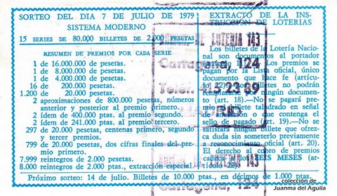 Reverso del décimo de Lotería Nacional de 1979 Sorteo 26