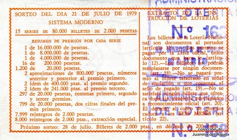 Reverso del décimo de Lotería Nacional de 1979 Sorteo 28