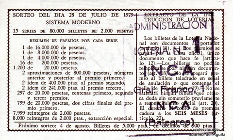 Reverso del décimo de Lotería Nacional de 1979 Sorteo 29