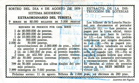 Reverso del décimo de Lotería Nacional de 1979 Sorteo 30