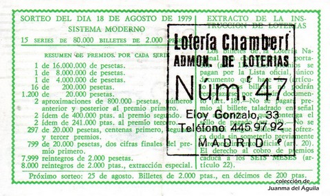 Reverso del décimo de Lotería Nacional de 1979 Sorteo 32