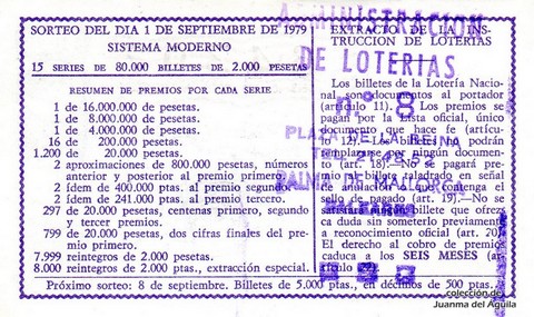 Reverso del décimo de Lotería Nacional de 1979 Sorteo 34