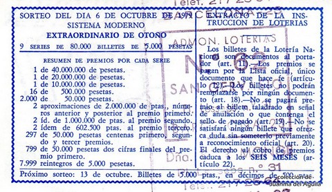Reverso del décimo de Lotería Nacional de 1979 Sorteo 39
