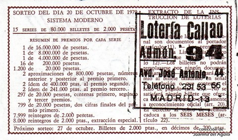Reverso del décimo de Lotería Nacional de 1979 Sorteo 41