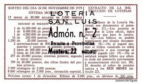 Reverso del décimo de Lotería Nacional de 1979 Sorteo 46