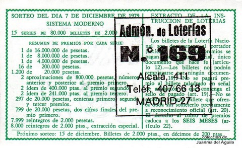 Reverso del décimo de Lotería Nacional de 1979 Sorteo 48