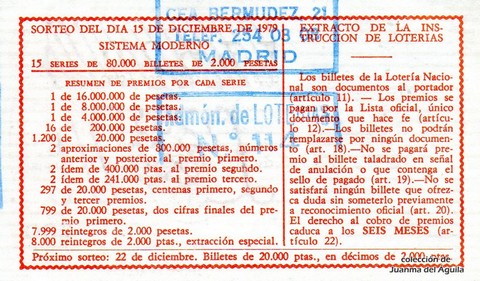 Reverso del décimo de Lotería Nacional de 1979 Sorteo 49