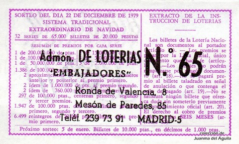 Reverso del décimo de Lotería Nacional de 1979 Sorteo 50