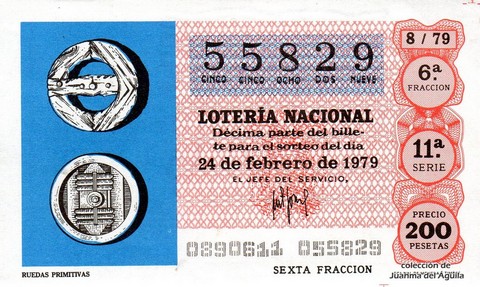 Décimo de Lotería Nacional de 1979 Sorteo 8 - RUEDAS PRIMITIVAS