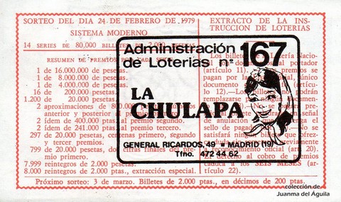 Reverso del décimo de Lotería Nacional de 1979 Sorteo 8