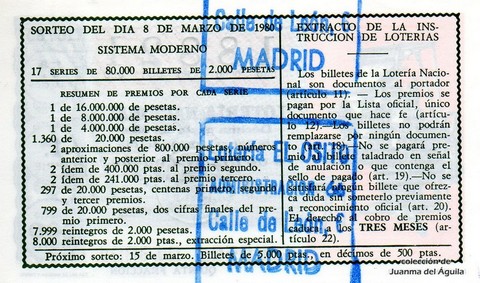 Reverso décimo de Lotería 1980 / 10