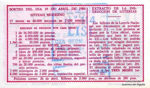 Reverso décimo de Lotería 1980 / 15