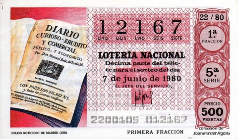 Décimo de Lotería Nacional de 1980 Sorteo 22 - DIARIO NOTICIOSO DE MADRID (1758)