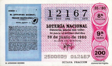 Décimo de Lotería Nacional de 1980 Sorteo 25 - EL ASTRONOMO MODERNO