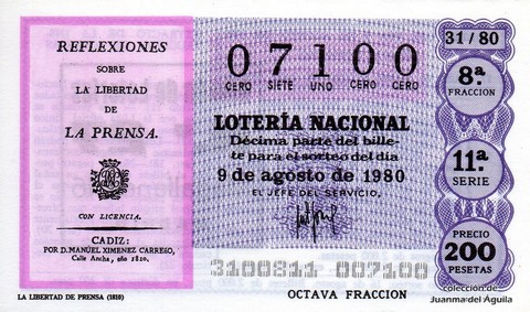 Décimo de Lotería Nacional de 1980 Sorteo 31 - LA LIBERTAD DE PRENSA (1810)