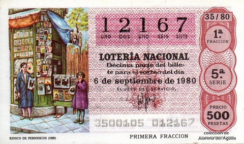 Décimo de Lotería Nacional de 1980 Sorteo 35 - KIOSCO DE PERIODICOS (1928)