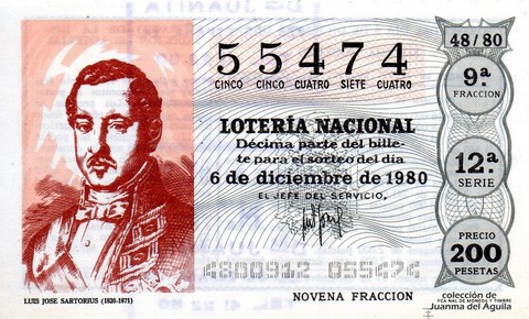 Décimo de Lotería Nacional de 1980 Sorteo 48 - LUIS JOSE SARTORIUS (1820-1871)
