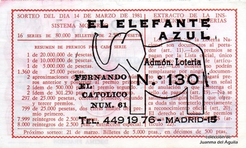 Reverso décimo de Lotería 1981 / 11