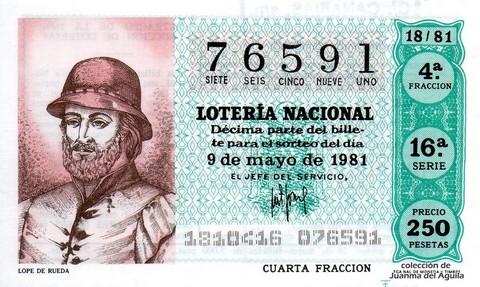 Décimo de Lotería Nacional de 1981 Sorteo 18 - LOPE DE RUEDA