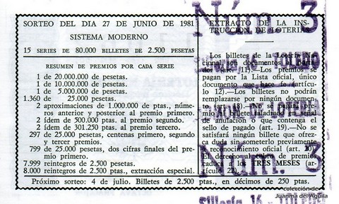 Reverso décimo de Lotería 1981 / 25