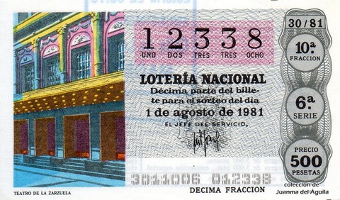 Décimo de Lotería Nacional de 1981 Sorteo 30 - TEATRO DE LA ZARZUELA