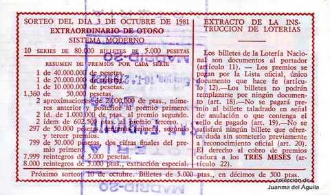 Reverso décimo de Lotería 1981 / 39