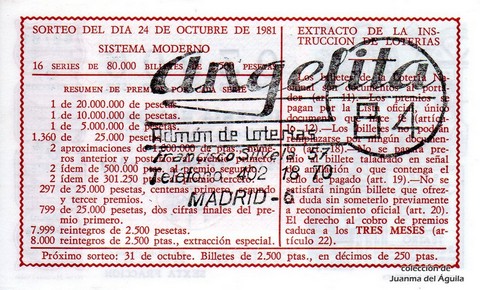 Reverso décimo de Lotería 1981 / 42