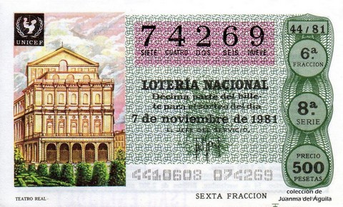 Décimo de Lotería Nacional de 1981 Sorteo 44 - TEATRO REAL