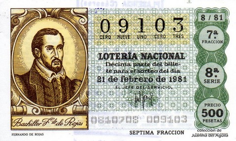 Décimo de Lotería Nacional de 1981 Sorteo 8 - FERNANDO DE ROJAS