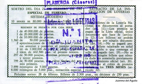 Reverso décimo de Lotería 1981 / 8