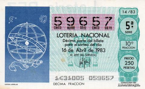 Décimo de Lotería Nacional de 1983 Sorteo 14 - ESFERA ARMILAR