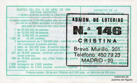 Reverso del décimo de Lotería Nacional de 1984 Sorteo 15