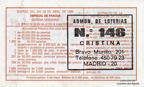 Reverso décimo de Lotería 1984 / 16