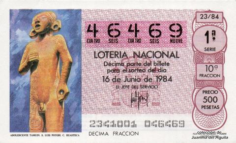 Décimo de Lotería Nacional de 1984 Sorteo 23 - ADOLESCENTE DE TAMUIN. SAN LUIS DE POTOSI. CULTURA HUASTECA