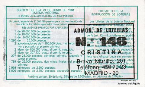 Reverso del décimo de Lotería Nacional de 1984 Sorteo 24