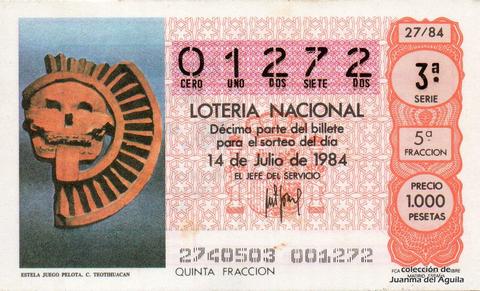 Décimo de Lotería Nacional de 1984 Sorteo 27 - ESTELA DEL JUEGO DE PELOTA. CULTURA DE TEOTIHUACAN