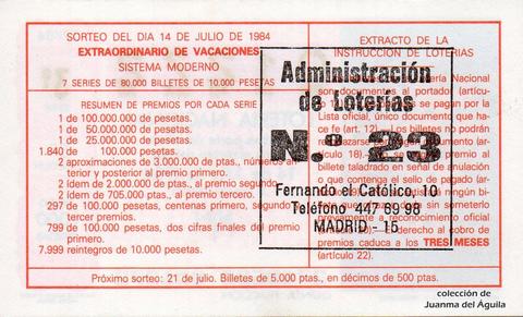 Reverso del décimo de Lotería Nacional de 1984 Sorteo 27