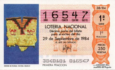Décimo de Lotería Nacional de 1984 Sorteo 38 - PONCHO DE PLUMAS. CULTURA CHANCAY