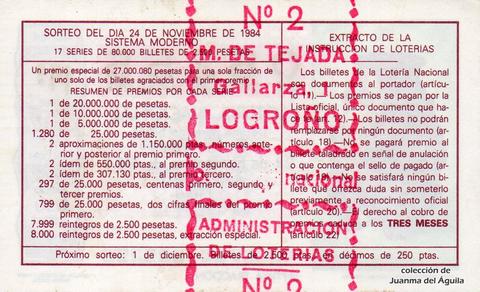 Reverso décimo de Lotería 1984 / 46
